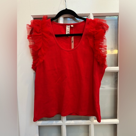 Anthropologie DOLAN Left Coast Tulle Sleeve Tank Top Blouse Red Chic Size XL - Picture 2 of 11